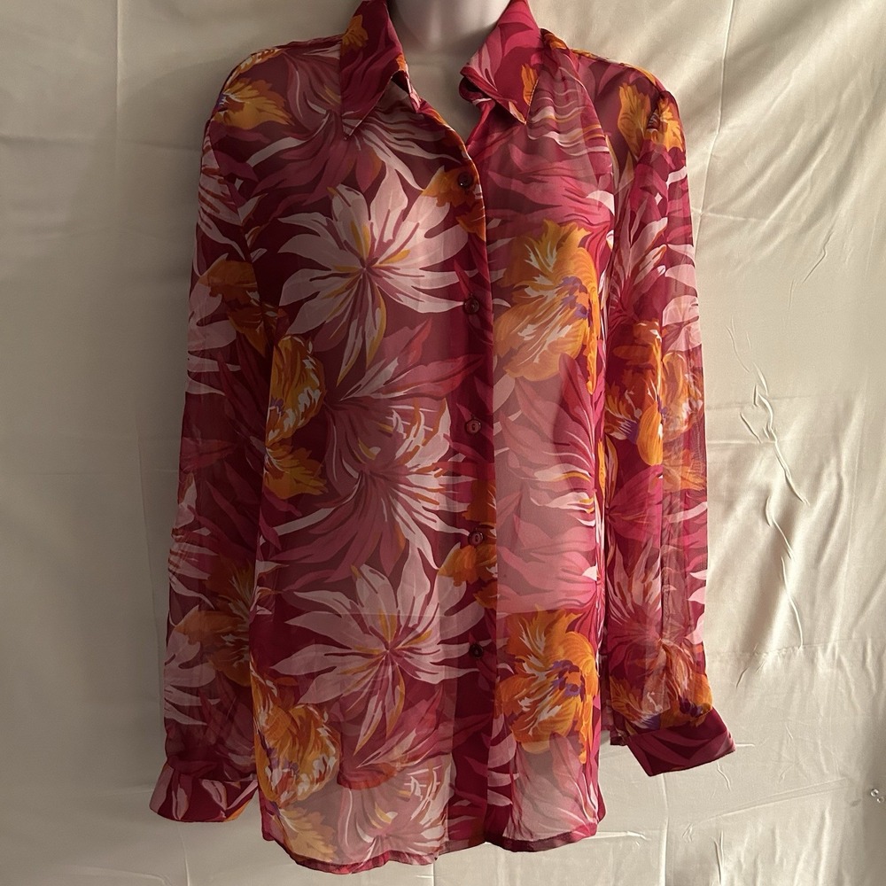 New Large Notations Sheer Chiffon Floral Button-Up Blouse #1772*8